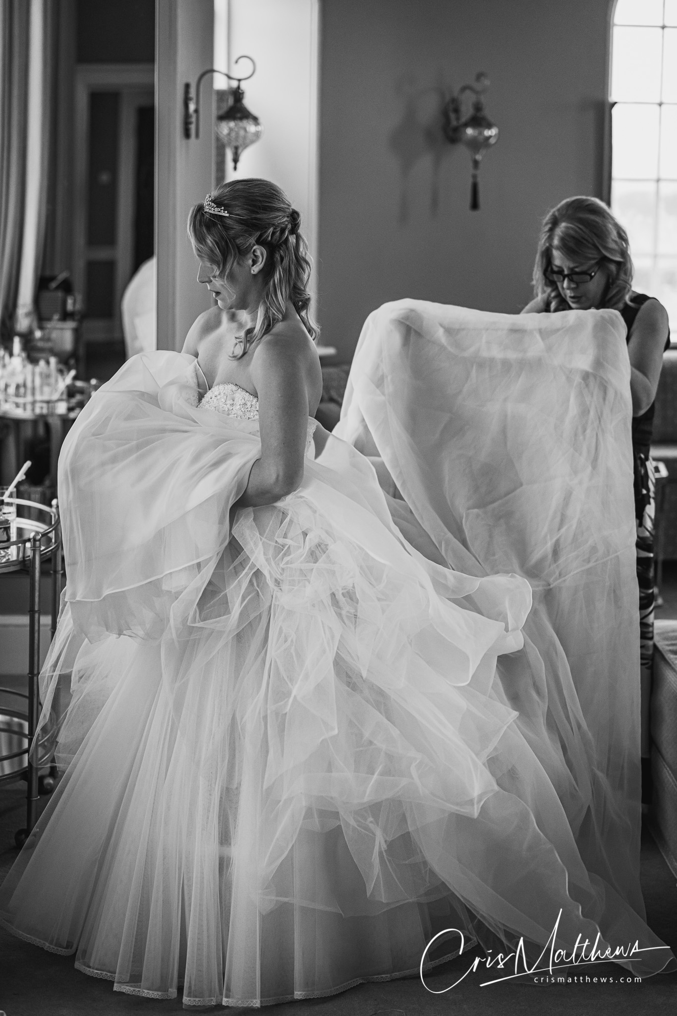 Getting the Dress On at Hawkstone Hall Wedding Photography